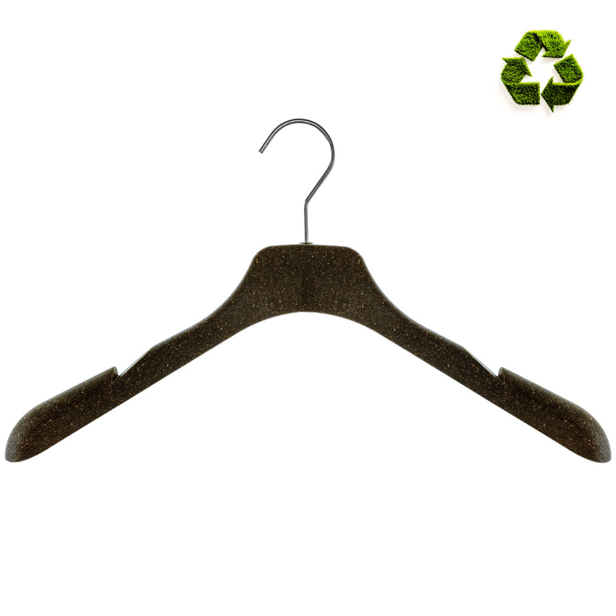 Öko Gras-Kleiderbügel Jacken 42 cm Schwarzer Öko-Kleiderbügel aus Gras für Jacken, 42 cm breit, mit Recycling-Symbol