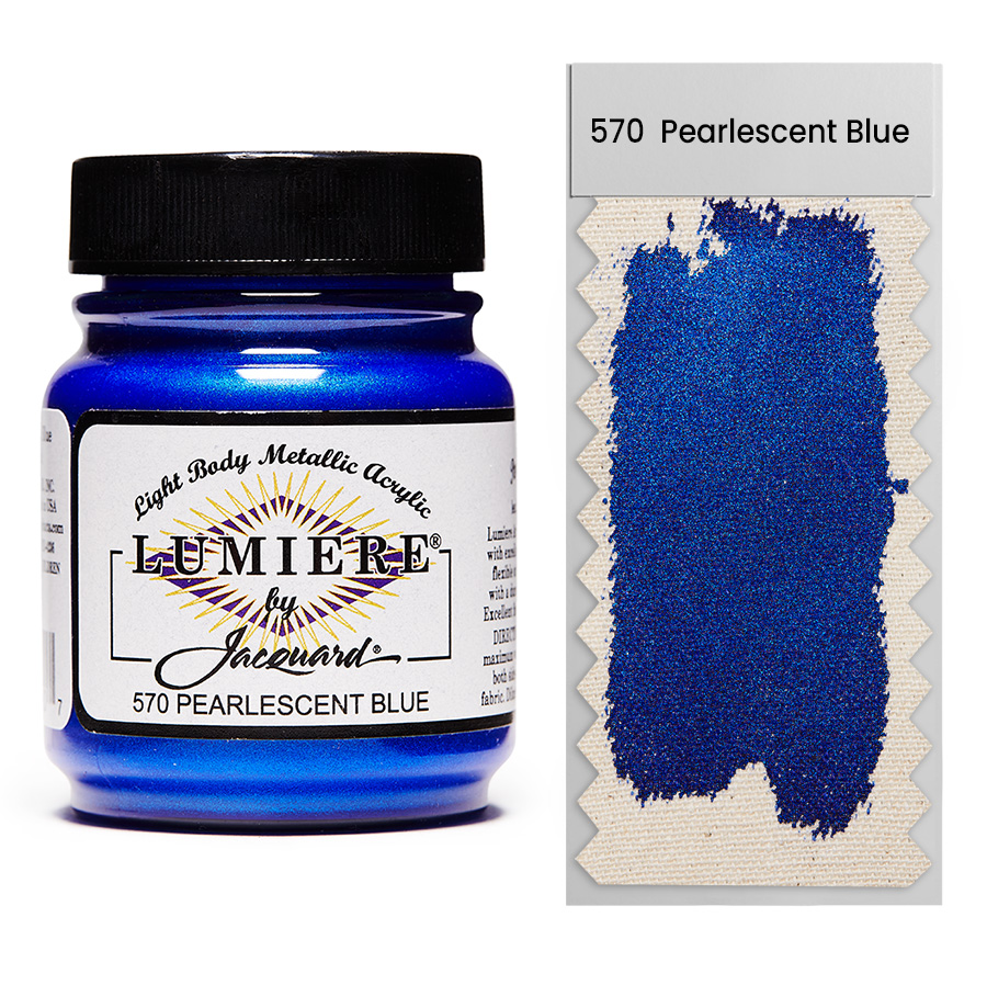 Jacquard Lumiere 570 Pearlescent Blue 67 ml Jar of Jacquard Lumiere 570 Pearlescent Blue 67 ml with swatch, metallic and pearlescent paint