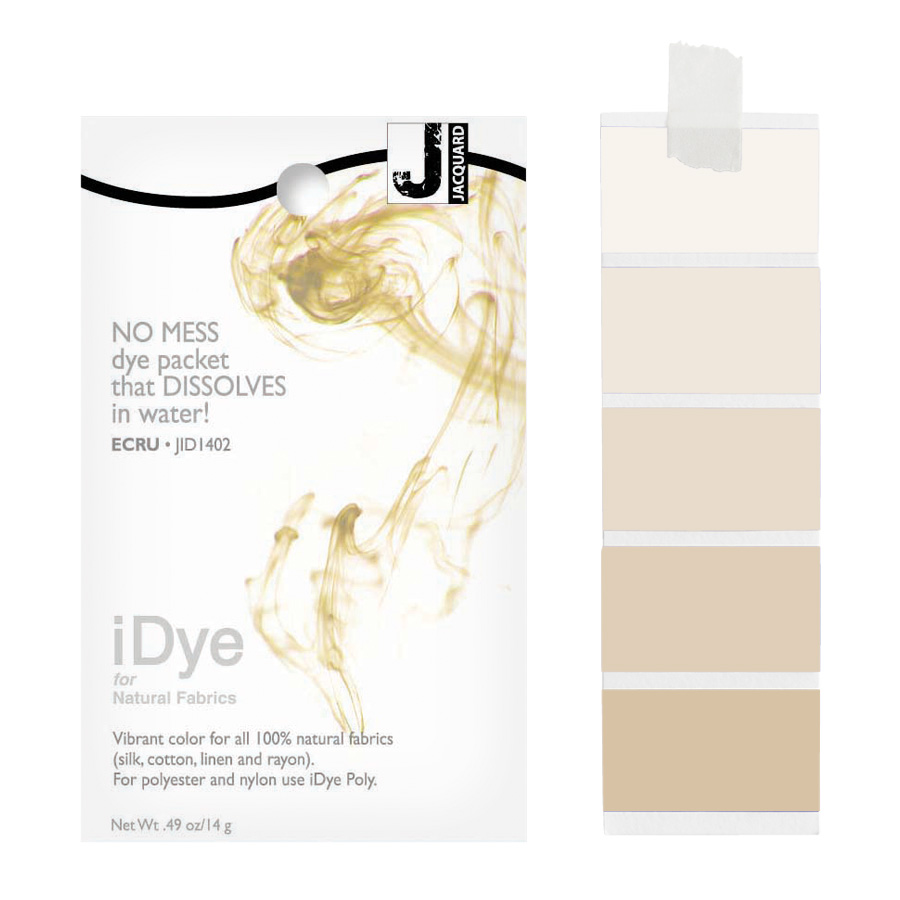 Jacquard iDye Natural 402 Ecru Packung Jacquard iDye Natural 402 Ecru mit sich lösender Farbe im Wasser und Farbmustern in Ecru