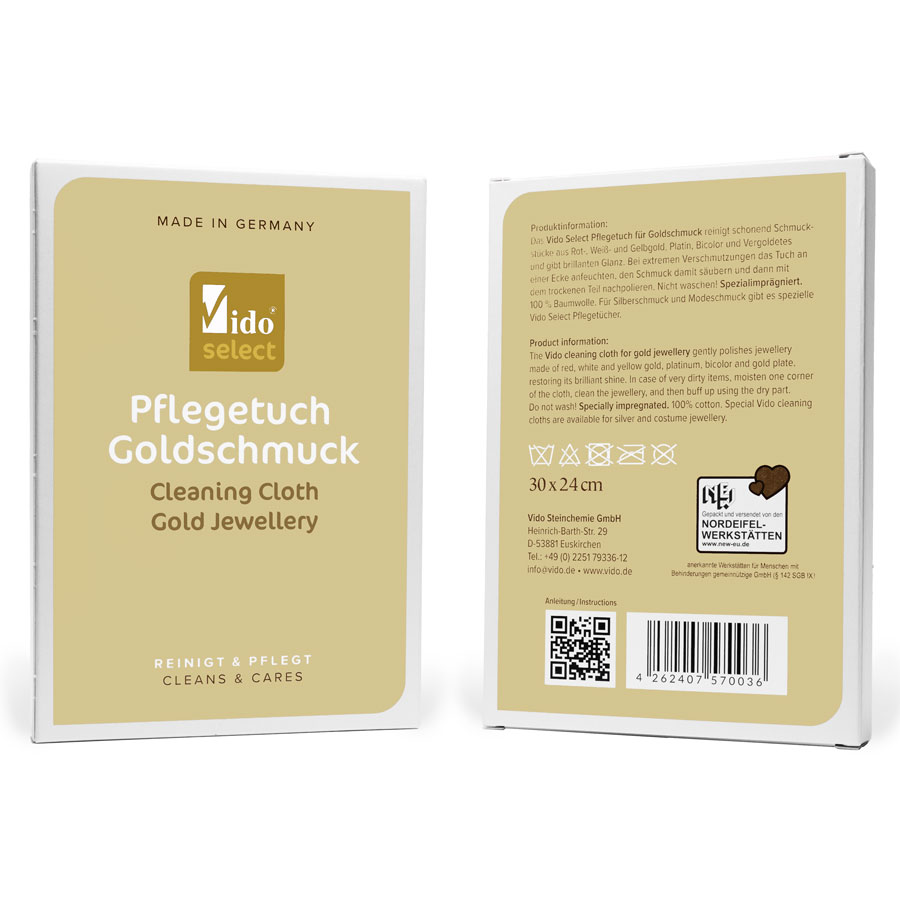 The Vido select care cloth for gold jewelry gently cleans jewelry made of red, white and yellow gold, platinum, bicolor and gold-plated items and gives them a brilliant shine.