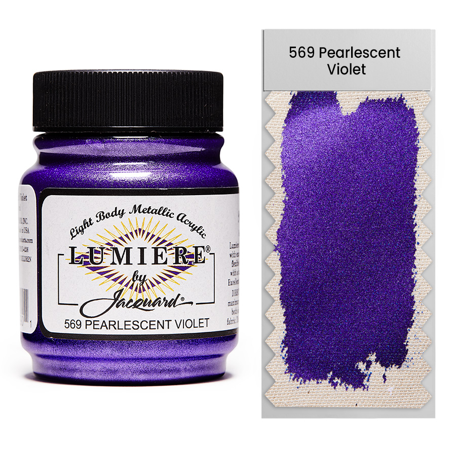 Jacquard Lumiere 569 Pearlescent Violet 67 ml Jar of Jacquard Lumiere 569 Pearlescent Violet 67 ml with swatch, metallic and pearlescent paint