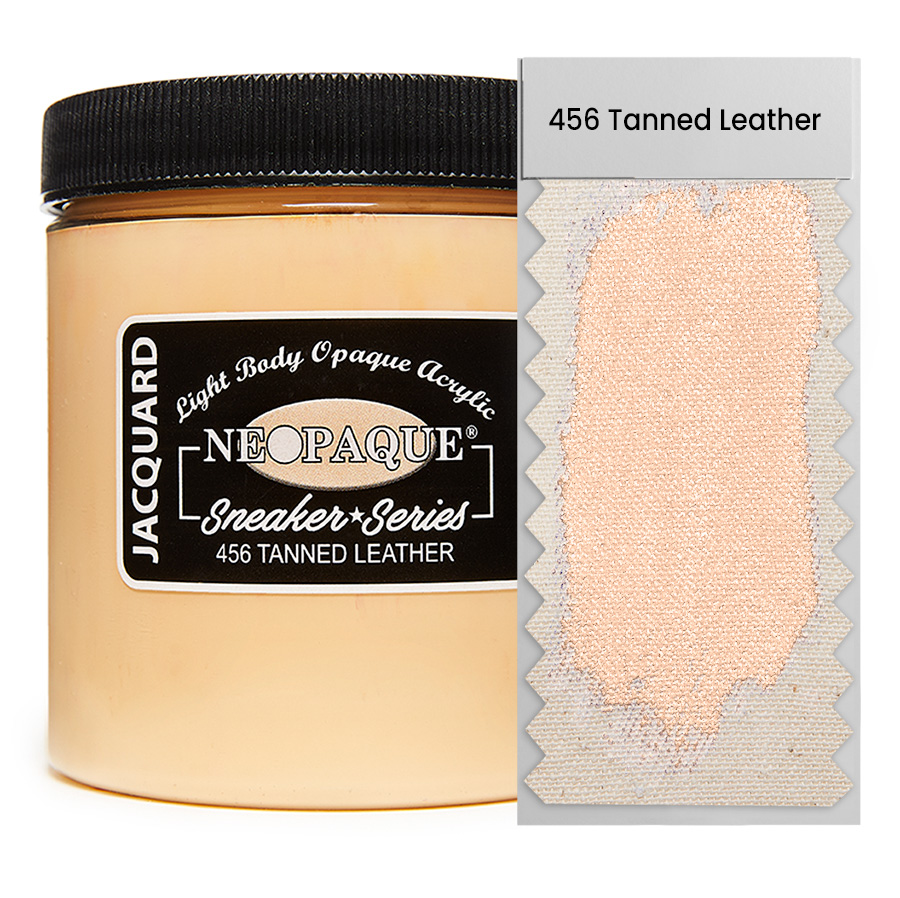 Jacquard Neopaque Sneaker 456 Tanned Leather 236 ml Dose Jacquard Neopaque Sneaker 456 Tanned Leather 236 ml mit Farbaufstrich auf Stoff, deckende Acrylfarbe