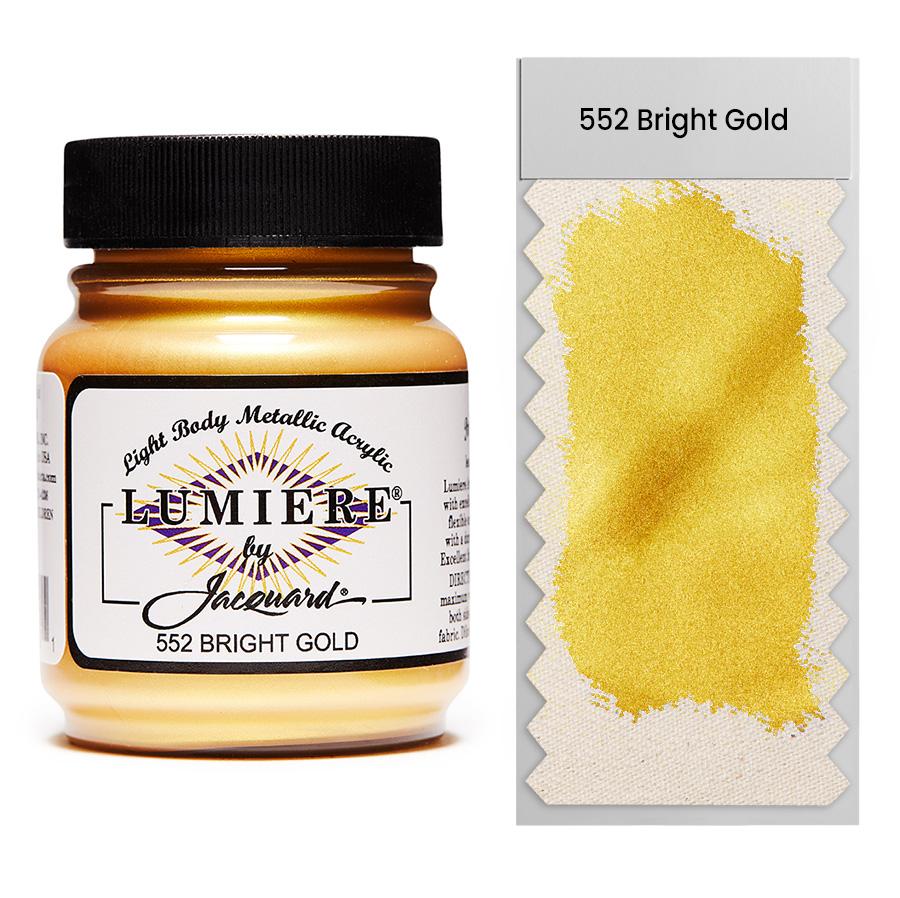 Jacquard Lumiere 552 Bright Gold 67 ml Jar of Jacquard Lumiere 552 Bright Gold 67 ml with swatch, metallic and pearlescent paint