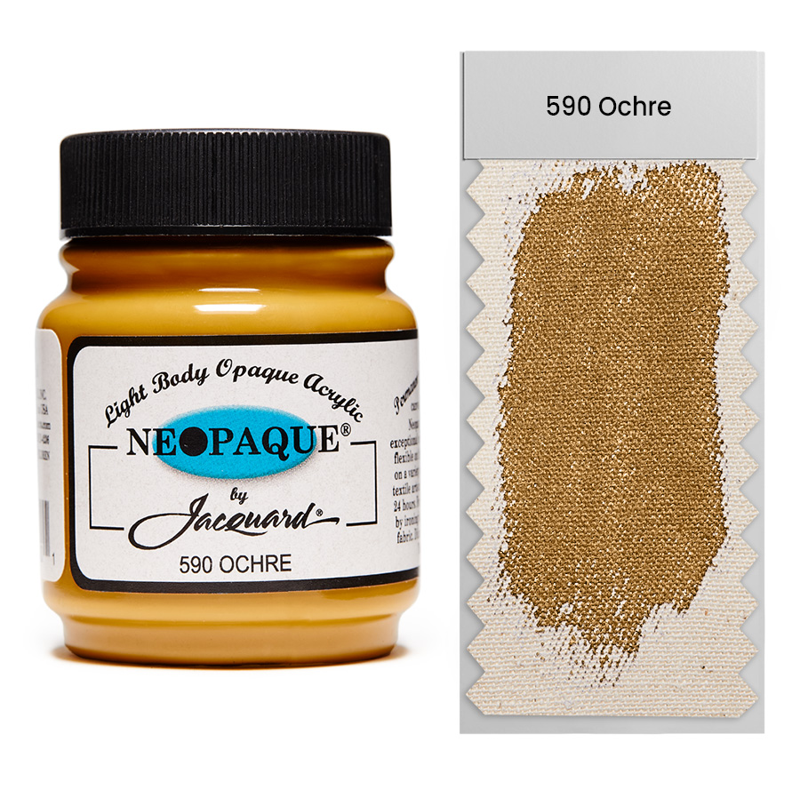 Jacquard Neopaque 590 Ochre 67 ml Dose Jacquard Neopaque 590 Ochre 67 ml mit Farbaufstrich auf Stoff, deckende Acrylfarbe