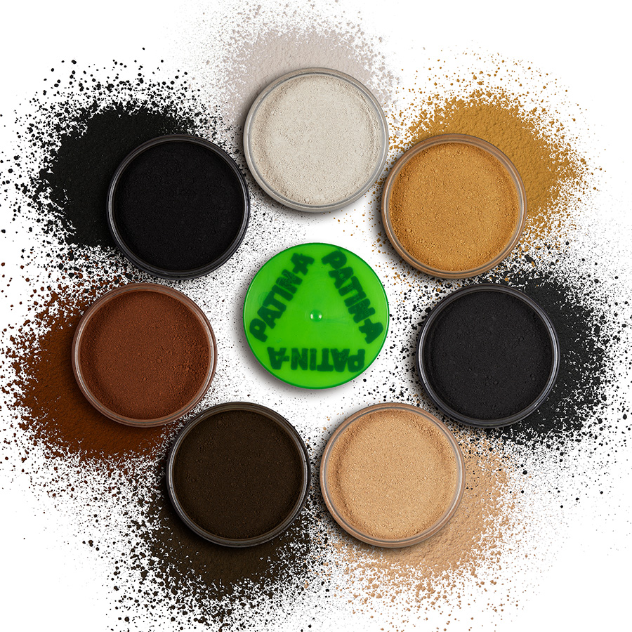 PATIN-POWDER 7 colours PATIN-POWDER with seven colours in open jars around a lid