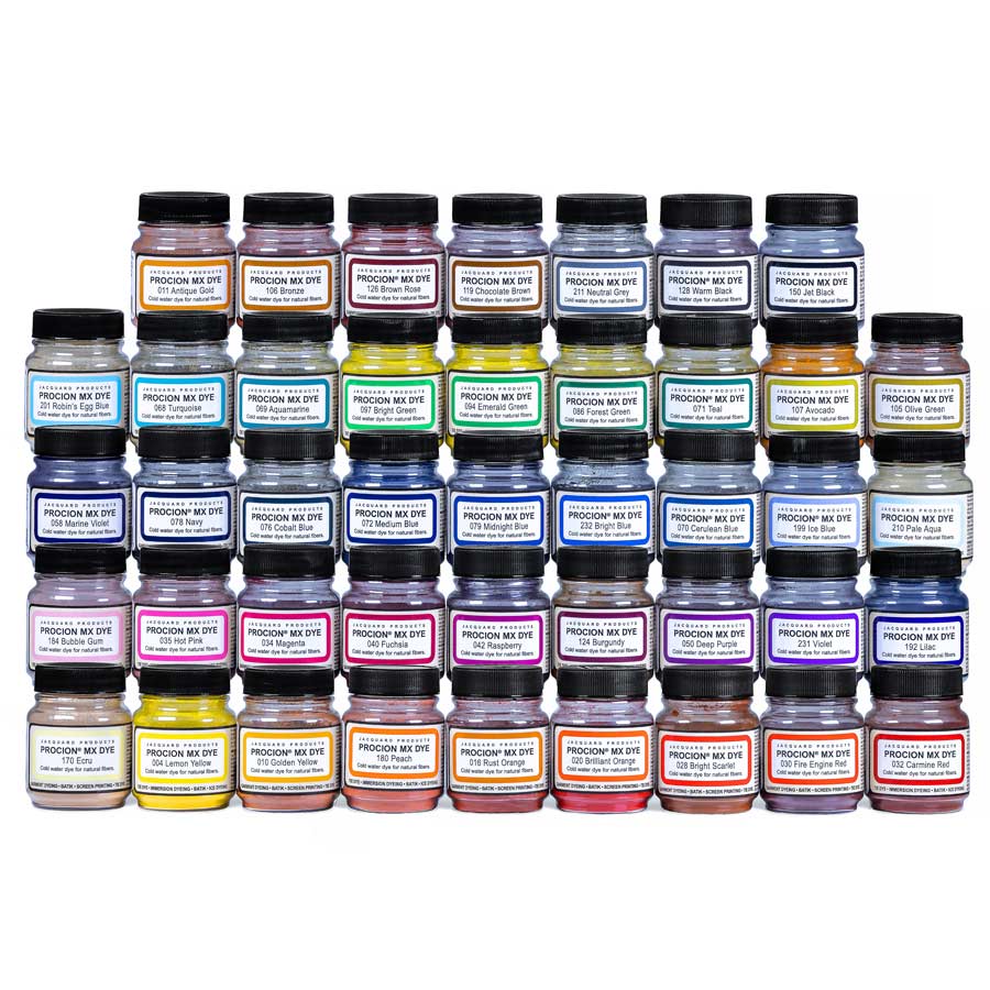 Procion MX 18,7 g alle Farben Jacquard Procion MX 18,7 g Dosen in vielen Farben gestapelt