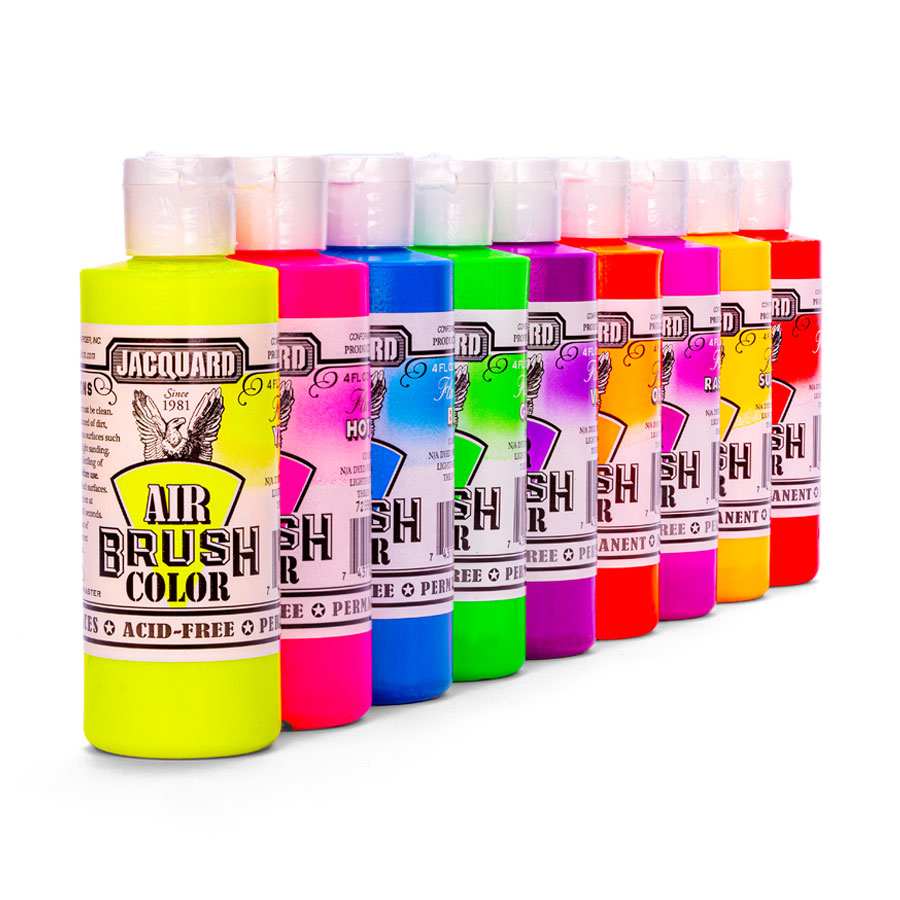 Jacquard Airbrush Color Fluorescent Row of Jacquard Airbrush Color Fluorescent bottles in neon colours