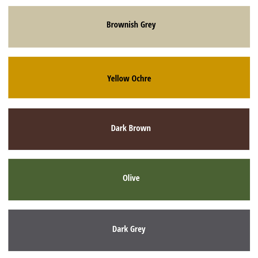 Nuancier PATIN-WAX set de 5 Nuancier PATIN-WAX set de 5 : Brownish Grey, Yellow Ochre, Dark Brown, Olive, Dark Grey