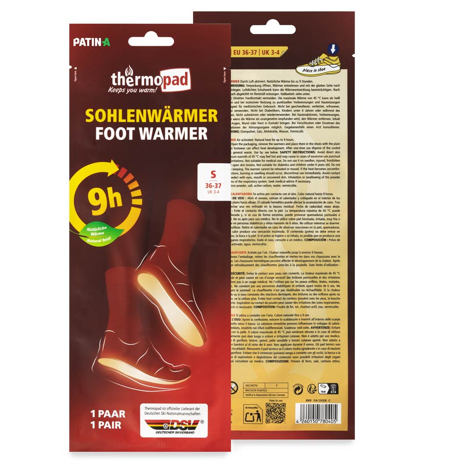 Les semelles chauffantes Thermopad Thermopad s'activent  à l'air en quelques minutes et réchauffent toute la plante du pied pendant huit heures à une température agréable de 40 °C.