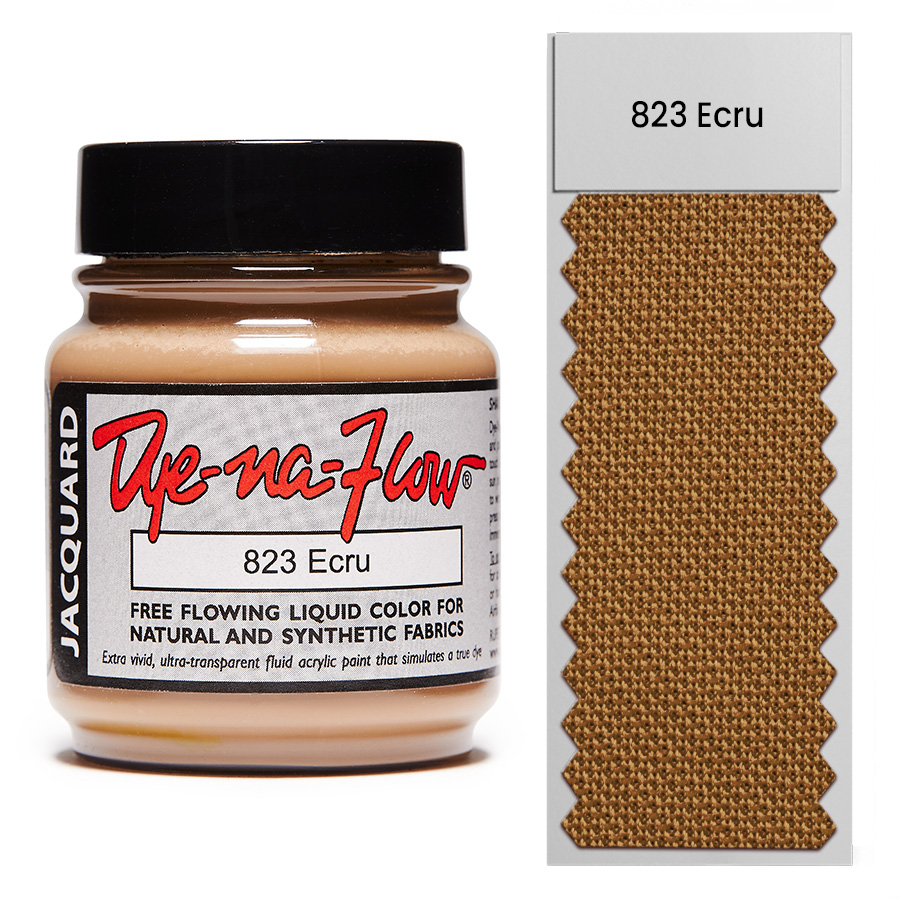 Jacquard Dye-Na-Flow 823 Ecru 67 ml Flasche Jacquard Dye-Na-Flow 823 Ecru 67 ml mit Farbmuster auf Stoff