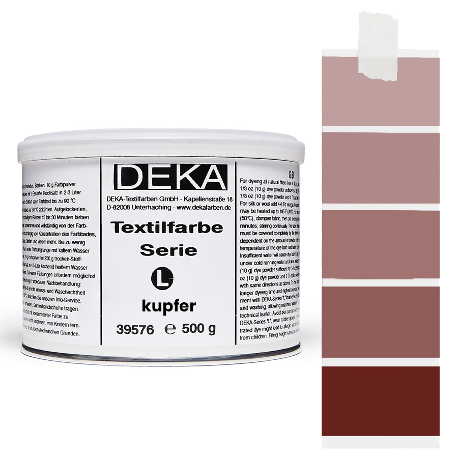 DEKA L Textilfarbe 500 g Kupfer Dose DEKA L Textilfarbe 500 g in Kupfer mit Farbmustern auf Stoff