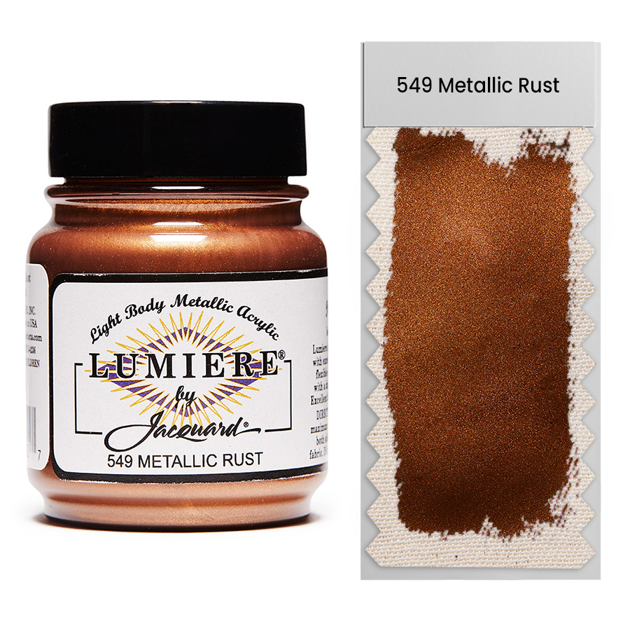 Jacquard Lumiere 549 Metallic Rust 67 ml Jar of Jacquard Lumiere 549 Metallic Rust 67 ml with swatch, metallic and pearlescent paint
