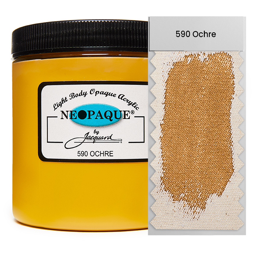 Jacquard Neopaque 590 Ochre 236 ml Dose Jacquard Neopaque 590 Ochre 236 ml mit Farbaufstrich auf Stoff, deckende Acrylfarbe