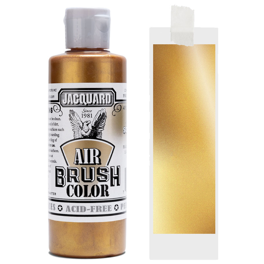 Jacquard Airbrush Metallic 304 Solar Gold Bottle of Jacquard Airbrush Color Metallic 304 Solar Gold with colour swatch