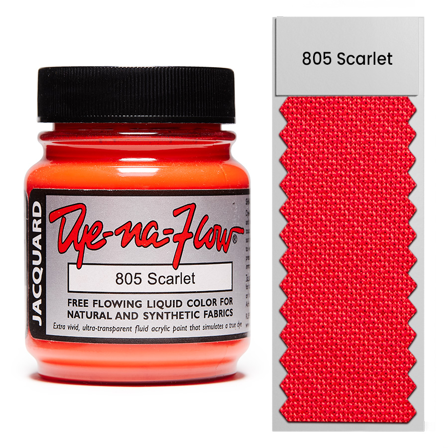 Jacquard Dye-Na-Flow 805 Scarlet 67 ml Flasche Jacquard Dye-Na-Flow 805 Scarlet 67 ml mit Farbmuster auf Stoff
