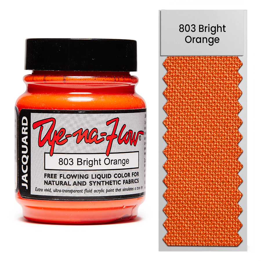 Jacquard Dye-Na-Flow 803 Bright Orange 67 ml Flasche Jacquard Dye-Na-Flow 803 Bright Orange 67 ml mit Farbmuster auf Stoff