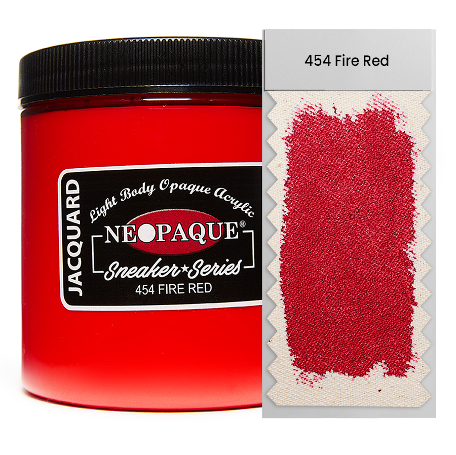 Jacquard Neopaque Sneaker 454 Fire Red 236 ml Dose Jacquard Neopaque Sneaker 454 Fire Red 236 ml mit Farbaufstrich auf Stoff, deckende Acrylfarbe