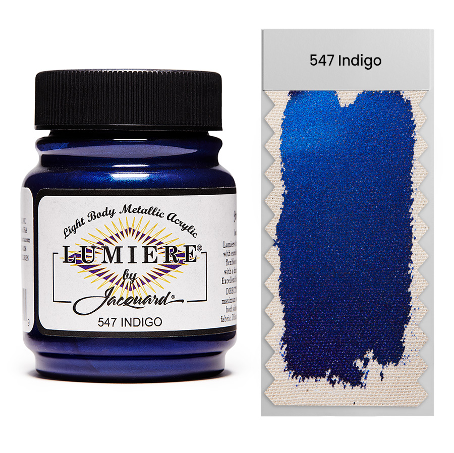 Jacquard Lumiere 547 Indigo 67 ml Jar of Jacquard Lumiere 547 Indigo 67 ml with swatch, metallic and pearlescent paint