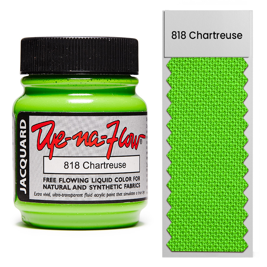 Jacquard Dye-Na-Flow 818 Chartreuse 67 ml Flasche Jacquard Dye-Na-Flow 818 Chartreuse 67 ml mit Farbmuster auf Stoff