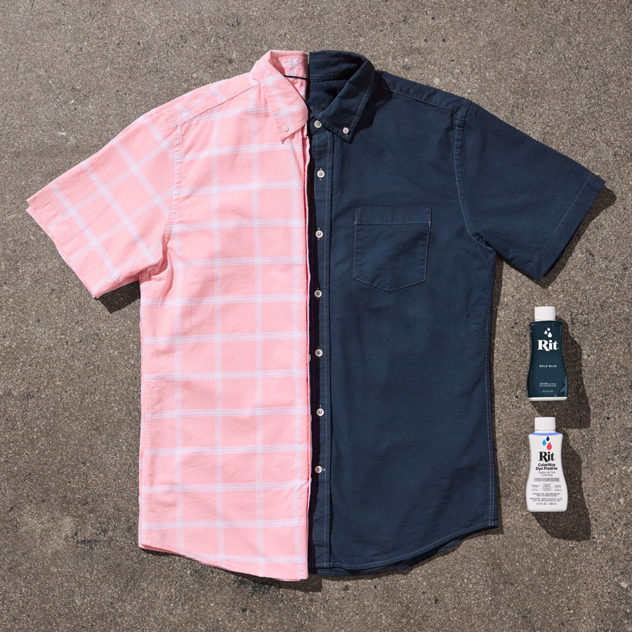 Rit Renew to Blue Hemd vorher nachher Hemd halb rosa kariert und halb dunkelblau gefärbt mit Rit Renew to Blue
