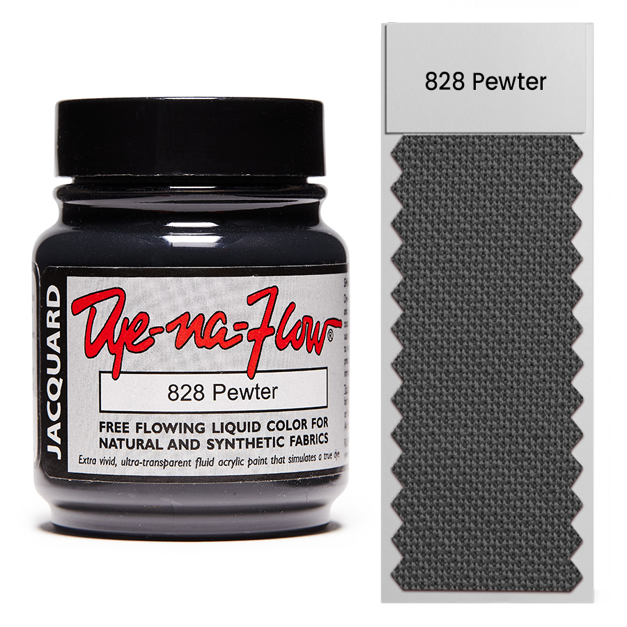 Jacquard Dye-Na-Flow 828 Pewter 67 ml Bottle of Jacquard Dye-Na-Flow 828 Pewter 67 ml with fabric swatch