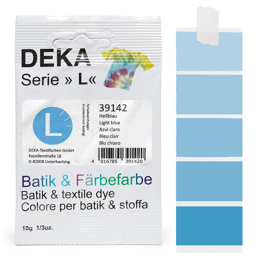 DEKA L teinture batik bleu clair 10 g Sachet de teinture batik DEKA série L bleu clair, 10 g, avec dégradé