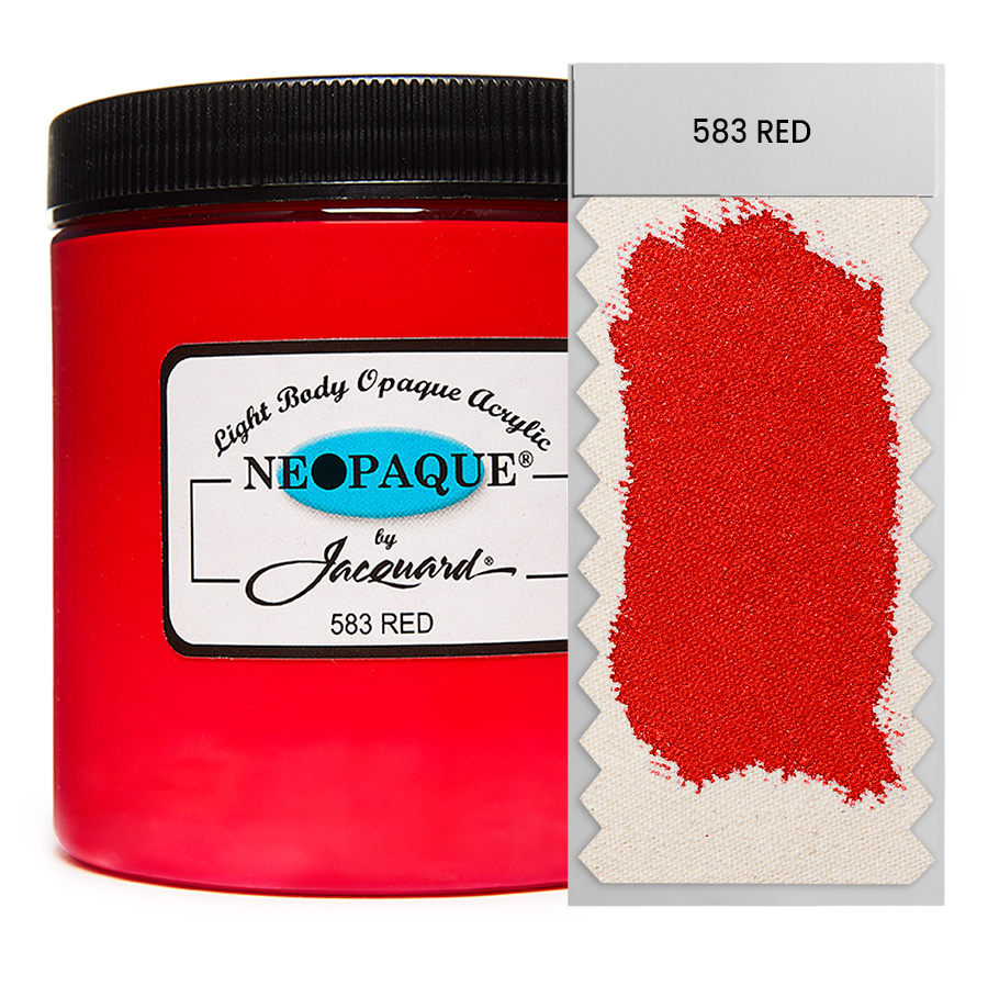 Jacquard Neopaque 583 Red 236 ml Dose Jacquard Neopaque 583 Red 236 ml mit Farbaufstrich auf Stoff, deckende Acrylfarbe