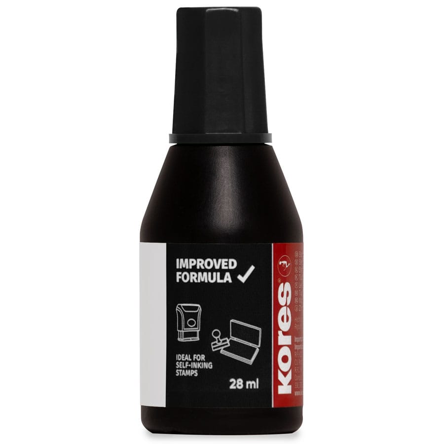 Die Kores® Stempelfarbe  ist UVA-beständig und die ist In den Farben: Rot – Violett – Blau – Grün – Schwarz zu erwerben.