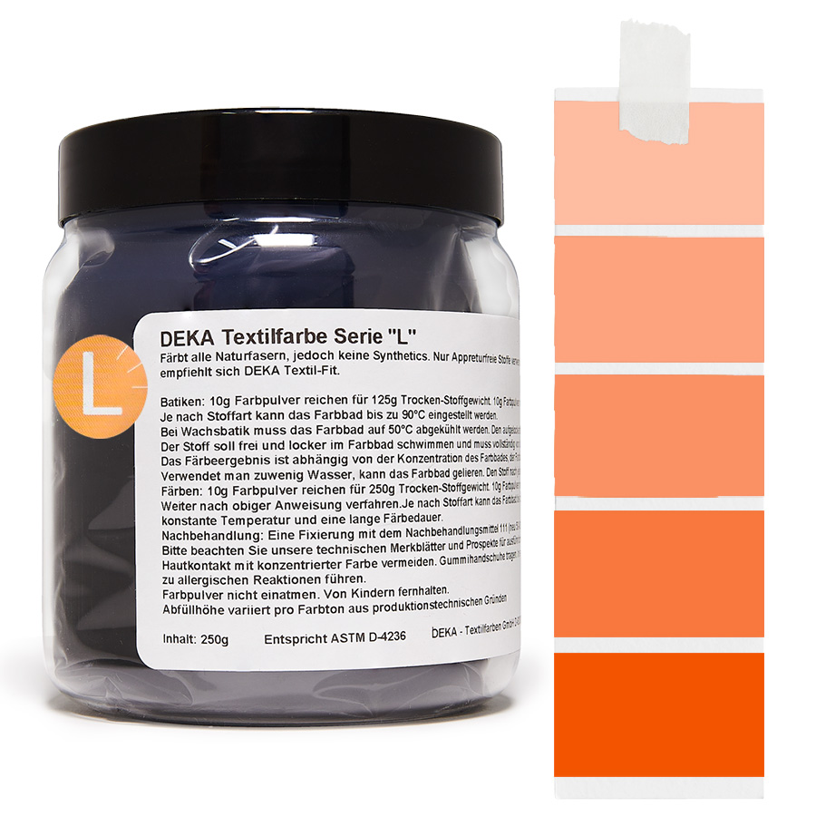 DEKA L Textilfarbe 250 g Orange Dose DEKA L Textilfarbe 250 g in Orange mit Farbmustern auf Stoff