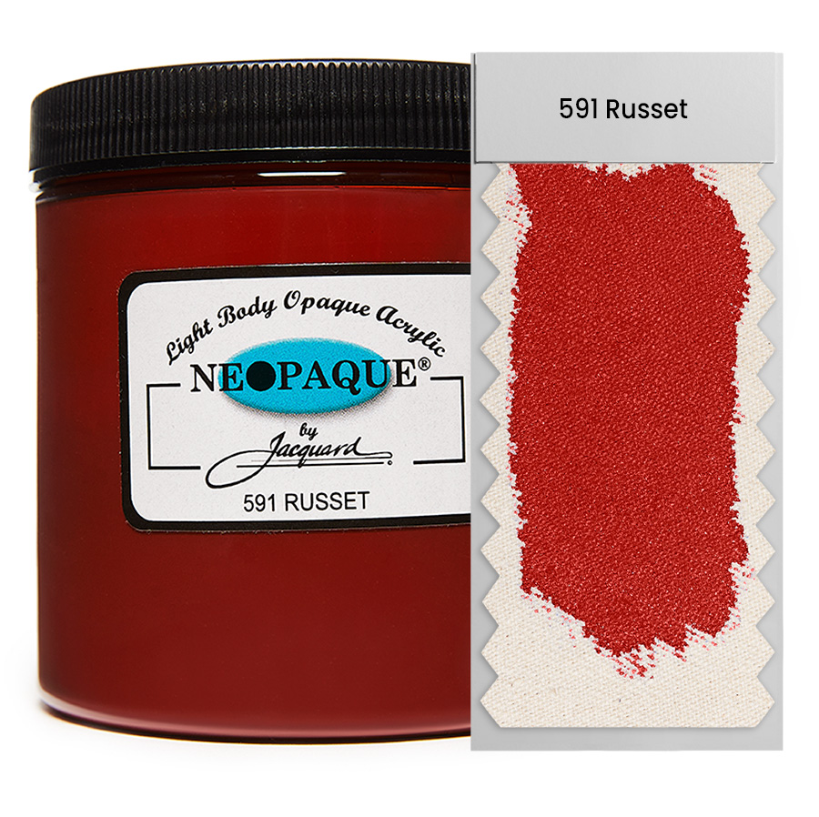 Jacquard Neopaque 591 Russet 236 ml Dose Jacquard Neopaque 591 Russet 236 ml mit Farbaufstrich auf Stoff, deckende Acrylfarbe