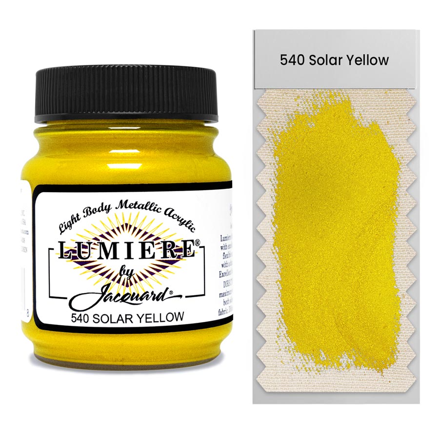 Jacquard-Lumiere 540 Solar Yellow 67ml mit hoher Pigmentierung, die für eine hervorragende Deckkraft sorgt, selbst auf dunklen Untergründen