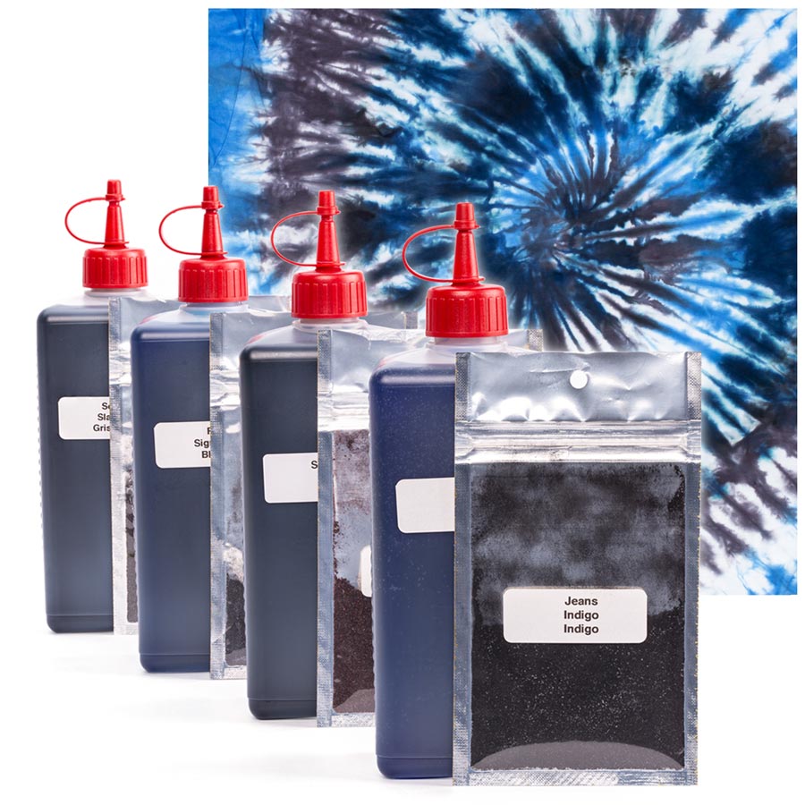 Kit tie-dye Blue Moon Contenu du kit tie-dye PATIN-A Blue Moon avec flacons bleu et indigo et accessoires