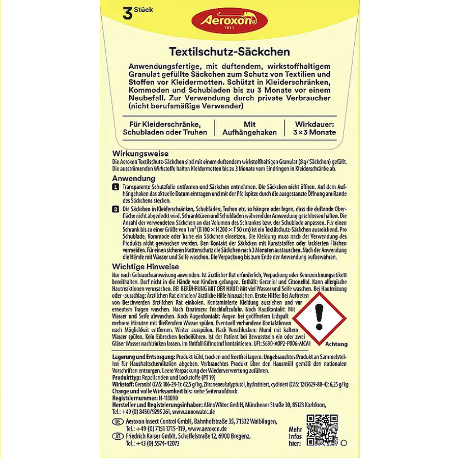Aeroxon Textile Protection Bag Lemon-Eucalyptus is filled with fragrant, active ingredient-containing granules that have been specially developed to keep clothes moths away.