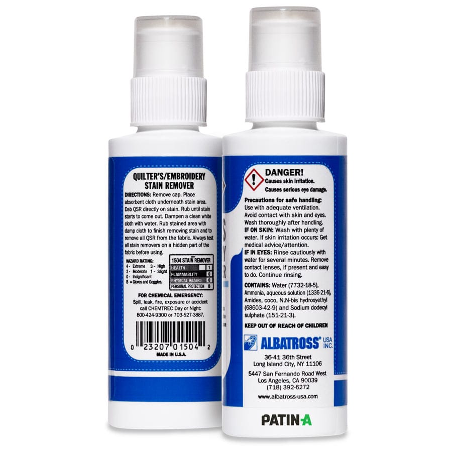 AlbaChem Quilter's Stain Remover Easily removes blood from needle pricks, pet stains, food stains, drinks, ink, and all other common household stains that can ruin a tailor's or quilter's day, quickly and on the spot!