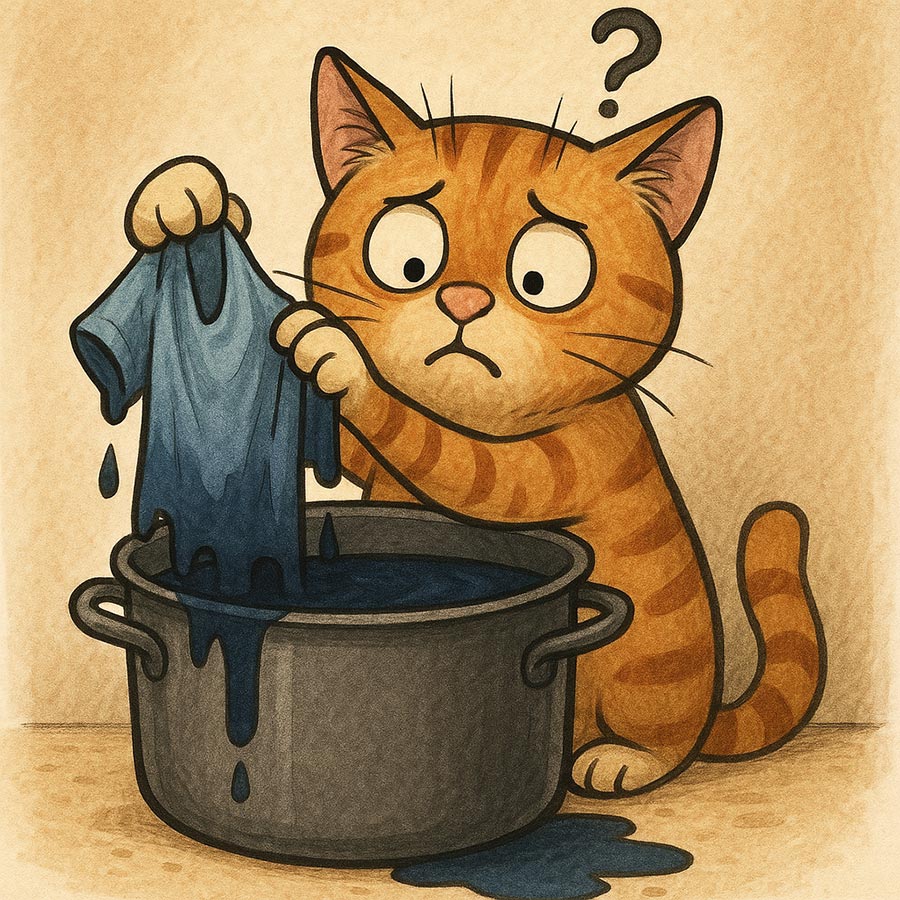 Hilfe bei Färbefragen Gezeichnete Katze hält ein tropfendes, fleckig blau gefärbtes T-Shirt über einen Topf und wundert sich
