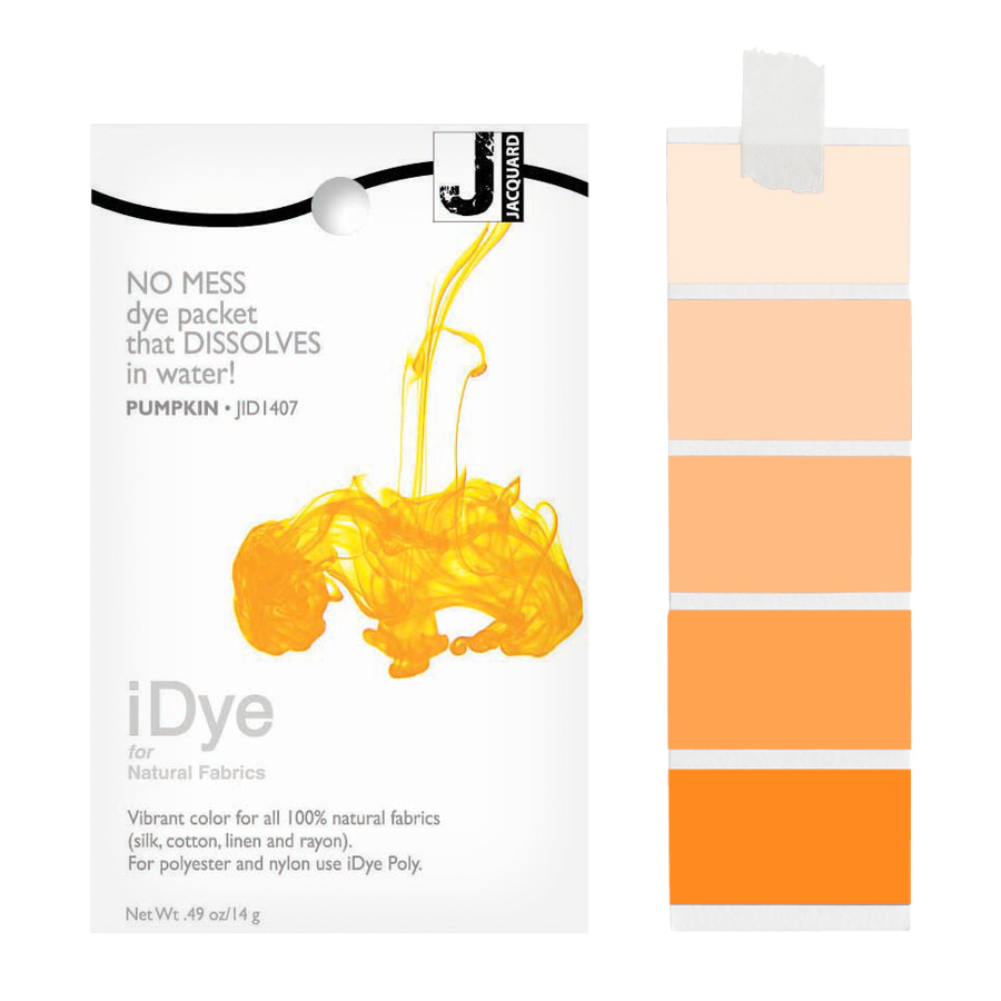 Jacquard iDye Natural 407 Pumpkin Packung Jacquard iDye Natural 407 Pumpkin mit sich lösender Farbe im Wasser und Farbmustern in Kürbisorange