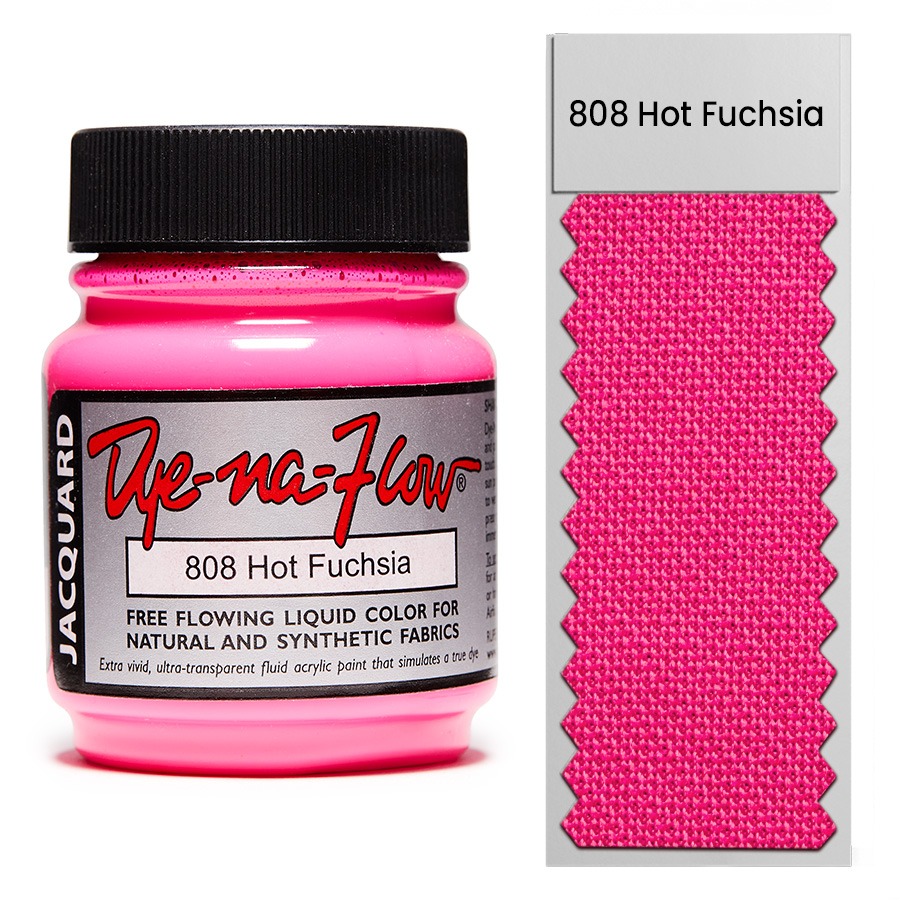 Jacquard Dye-Na-Flow 808 Hot Fuchsia 67 ml Flasche Jacquard Dye-Na-Flow 808 Hot Fuchsia 67 ml mit Farbmuster auf Stoff