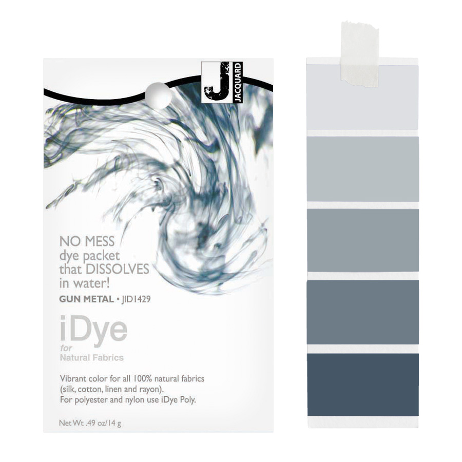 Jacquard iDye Natural 429 Gun Metal Packung Jacquard iDye Natural 429 Gun Metal mit sich lösender Farbe im Wasser und Farbmustern in Anthrazit