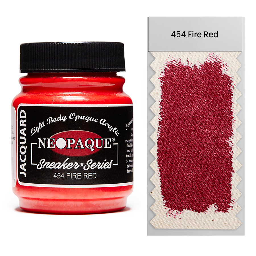 Jacquard Neopaque Sneaker 454 Fire Red 67 ml Dose Jacquard Neopaque Sneaker 454 Fire Red 67 ml mit Farbaufstrich auf Stoff, deckende Acrylfarbe