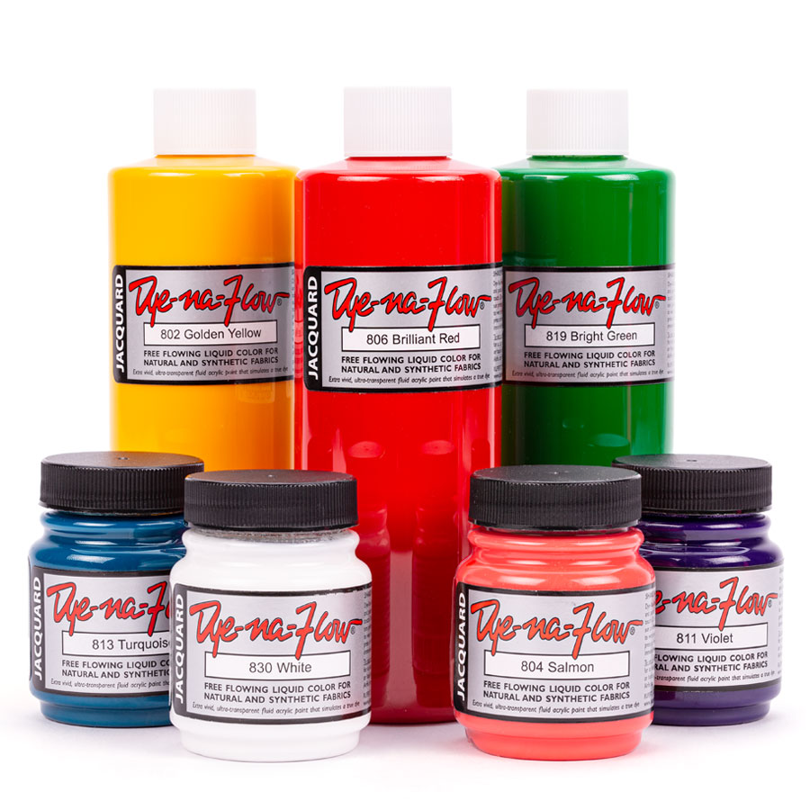 Jacquard Dye-Na-Flow Fabric Paint Bottles and jars of Dye-Na-Flow in yellow, red, green, blue, white and purple