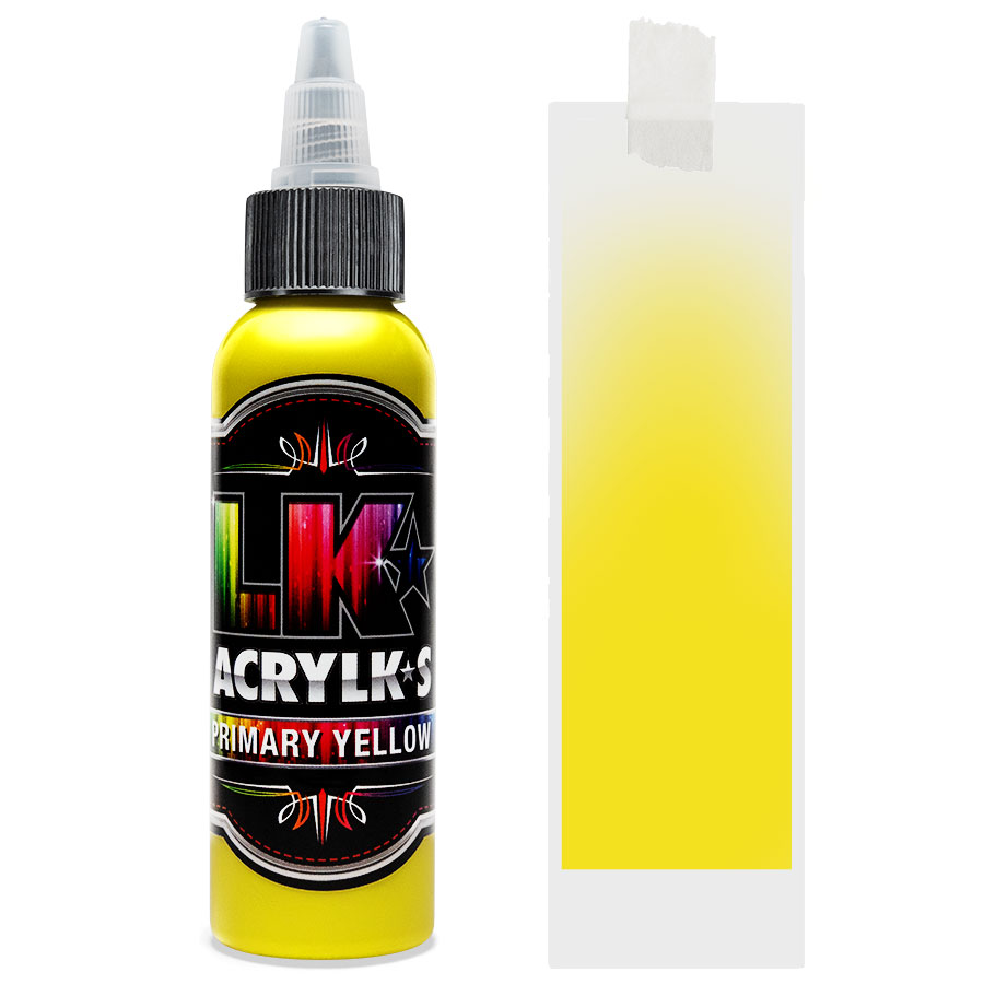 Liquid Kicks Acrylks Primary Yellow - jaune LK ACRYLKS est la peinture ultime pour le cuir, la toile, le vinyle, le plastique, le métal, le papier, le bois et bien plus encore. Les LK ACRYLKS ont une valeur chromatique élevée et sont incroyablement faciles à mélanger. Les artistes aiment la passion