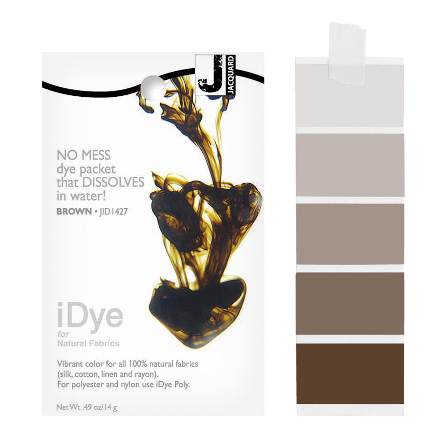 Jacquard iDye Natural 427 Brown Packung Jacquard iDye Natural 427 Brown mit sich lösender Farbe im Wasser und Farbmustern in Braun