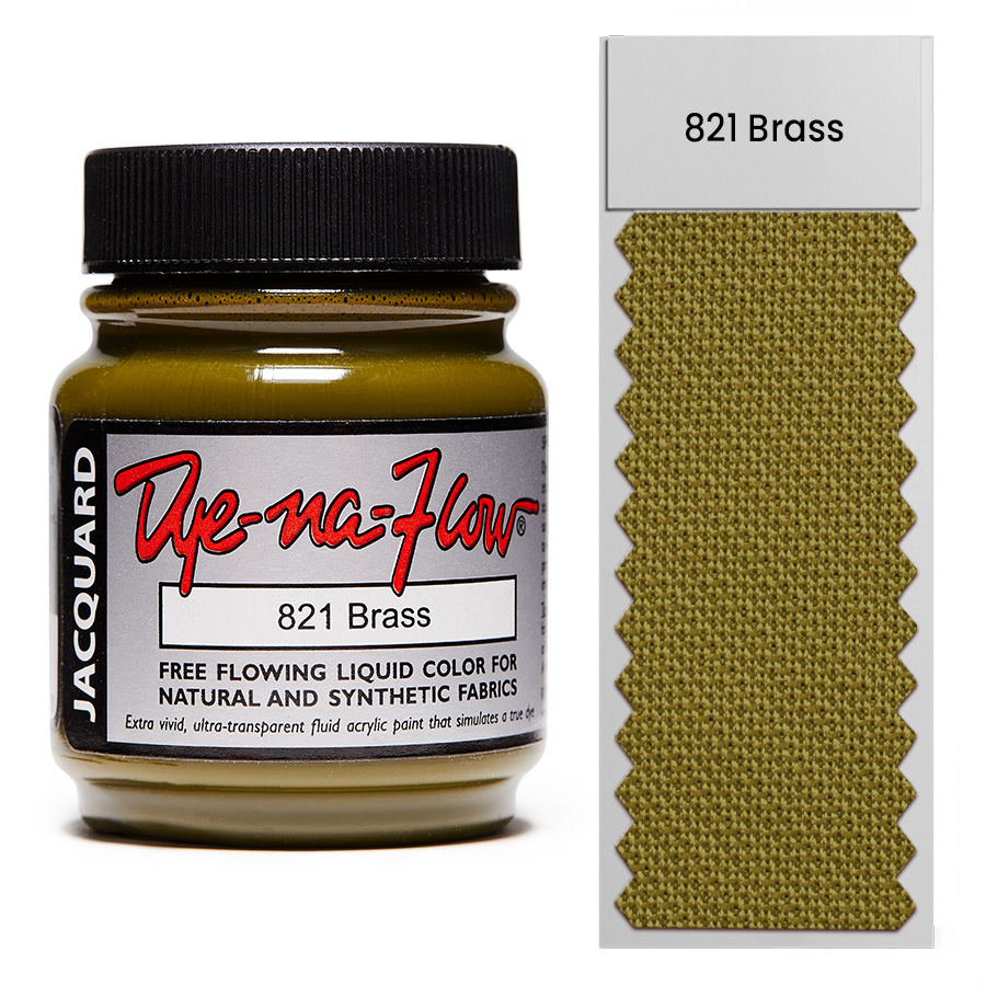 Jacquard Dye-Na-Flow 821 Brass 67 ml Flasche Jacquard Dye-Na-Flow 821 Brass 67 ml mit Farbmuster auf Stoff