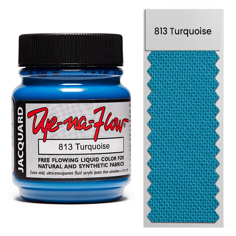 Jacquard Dye-Na-Flow 813 Turquoise 67 ml Flasche Jacquard Dye-Na-Flow 813 Turquoise 67 ml mit Farbmuster auf Stoff