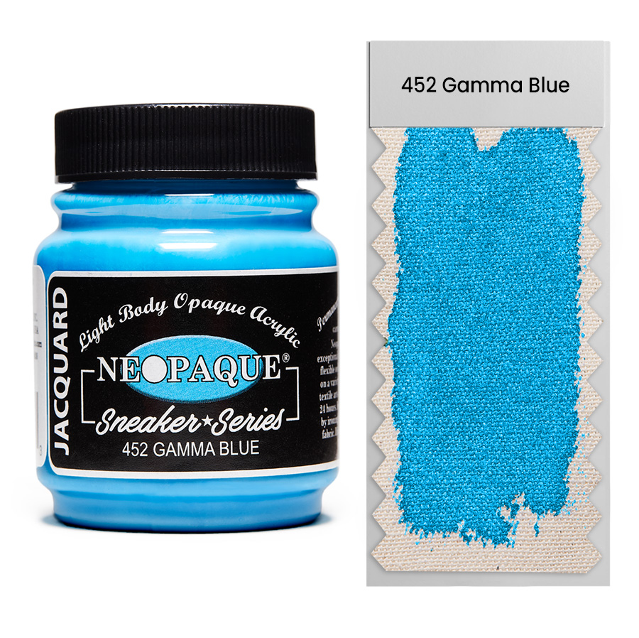 Jacquard Neopaque Sneaker 452 Gamma Blue 67 ml Dose Jacquard Neopaque Sneaker 452 Gamma Blue 67 ml mit Farbaufstrich auf Stoff, deckende Acrylfarbe