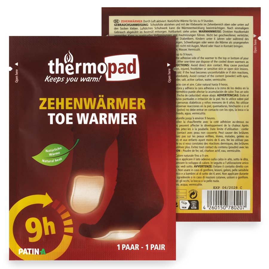 Thermopad toe warmers are small warmers that keep your toes and feet warm for 9 hours.