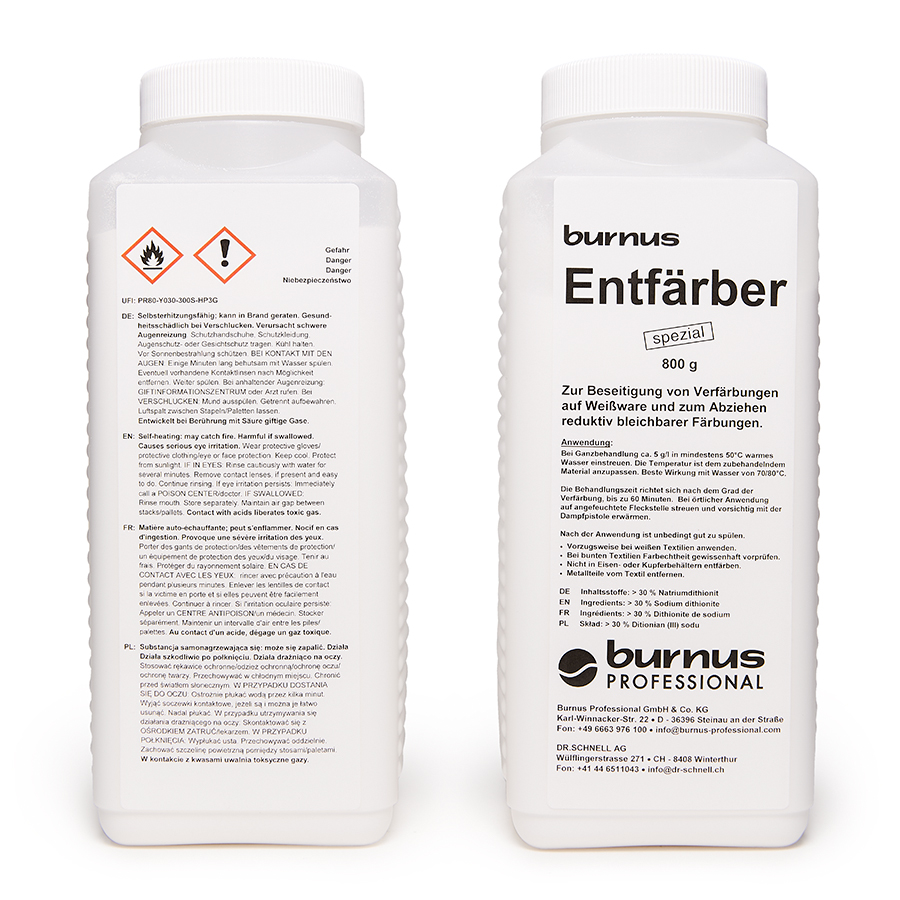 Burnus Entfärber vorne und hinten Burnus Entfärber spezial, Packung Vorder- und Rückseite