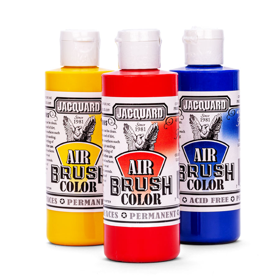 Jacquard Airbrush Color Transparent Drei Flaschen Jacquard Airbrush Color Transparent in Gelb, Rot und Blau