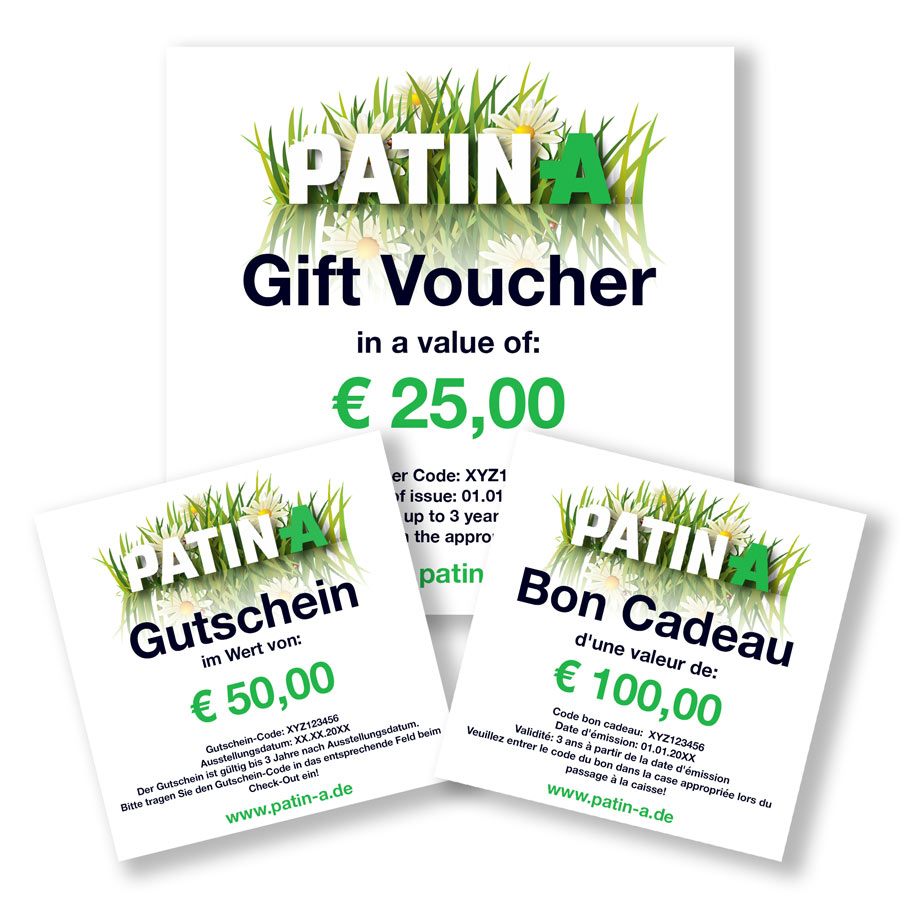 PATIN-A Gutschein Drei PATIN-A Gutscheine auf Deutsch, Englisch und Französisch in verschiedenen Werten