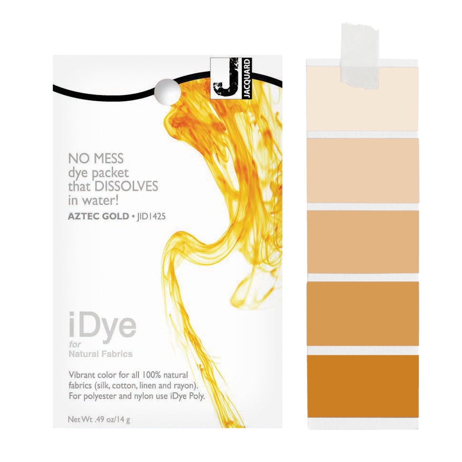 Jacquard iDye Natural 425 Aztec Gold Packung Jacquard iDye Natural 425 Aztec Gold mit sich lösender Farbe im Wasser und Farbmustern in Aztekengold